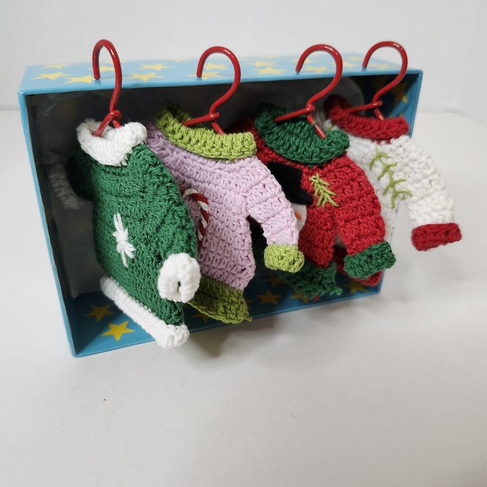Vtg Crocheted Mini Sweaters With Hangers Christmas Ornaments Handmade Retro